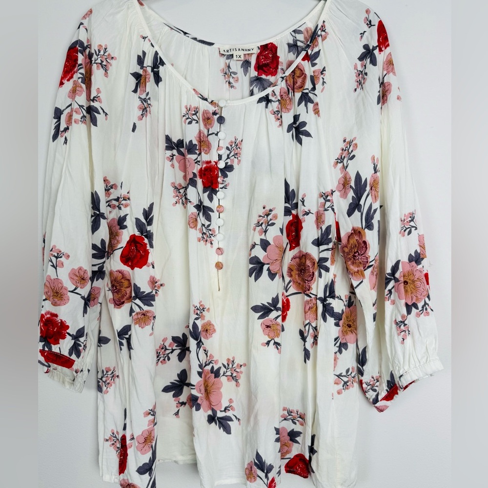Artisan NY Floral Peasant Top Boho 100% Rayon 3/4 Sleeve Women's 1X